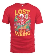 Lost But Vibing Funny Skeleton Retro Adventure Graphic T-Shirt - red t-shirt on white background