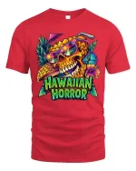 Hawaiian Horror Skull Tropical Neon Graphic Style T-Shirt - red t-shirt on white background