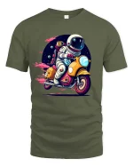 Astronaut Riding Scooter Retro Space Adventure Graphic T-Shirt - military green t-shirt on white background