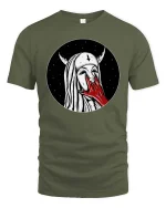 Dark Gothic Nun Horror Aesthetic Graphic T-Shirt Style - military green t-shirt on white background
