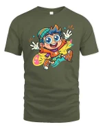 Happy Cartoon Kid Color Splash Fun Graphic T-Shirt Style - military green t-shirt on white background