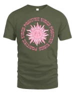 Positive Vibes Retro Sun Aesthetic Inspirational Graphic T-Shirt - military green t-shirt on white background