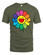 Happy Rainbow Flower Smiley Cute Graphic T-Shirt Style - military green t-shirt on white background
