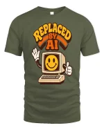 Replaced By AI Retro Computer Humor Graphic T-Shirt Style - military green t-shirt on white background
