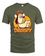 Sleepy Droopy Cartoon Dog Funny Retro Graphic T-Shirt Style - military green t-shirt on white background