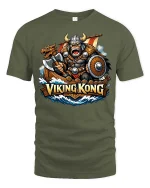 Viking Kong Warrior Norse Myth Retro Graphic T-Shirt Style - military green t-shirt on white background