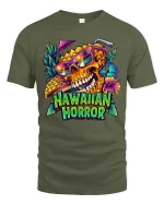 Hawaiian Horror Skull Tropical Neon Graphic Style T-Shirt - military green t-shirt on white background
