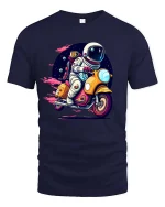 Astronaut Riding Scooter Retro Space Adventure Graphic T-Shirt - navy t-shirt on white background