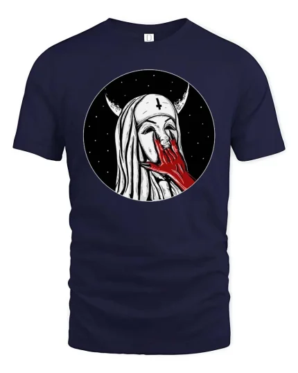 Dark Gothic Nun Horror Aesthetic Graphic T-Shirt Style - navy t-shirt on white background