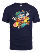 Happy Cartoon Kid Color Splash Fun Graphic T-Shirt Style - navy t-shirt on white background