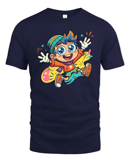 Happy Cartoon Kid Color Splash Fun Graphic T-Shirt Style - navy t-shirt on white background