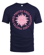 Positive Vibes Retro Sun Aesthetic Inspirational Graphic T-Shirt - navy t-shirt on white background