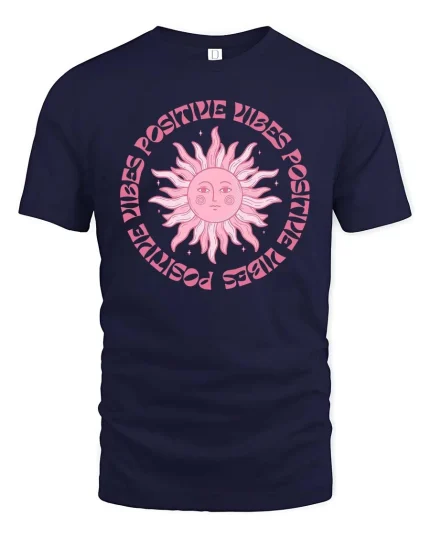 Positive Vibes Retro Sun Aesthetic Inspirational Graphic T-Shirt - navy t-shirt on white background