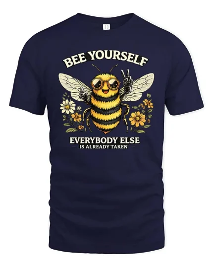 Bee Yourself Cute Motivational Quote Graphic T-Shirt Style - navy t-shirt on white background