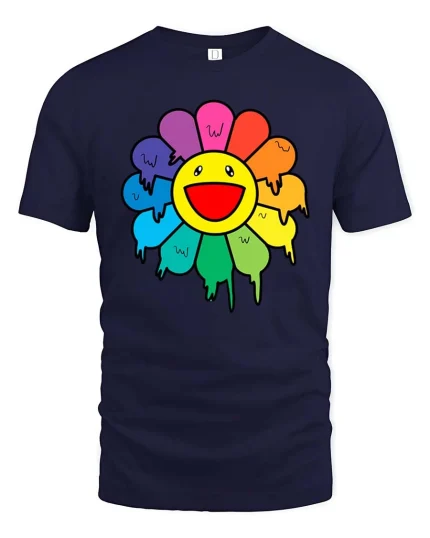 Happy Rainbow Flower Smiley Cute Graphic T-Shirt Style - navy t-shirt on white background