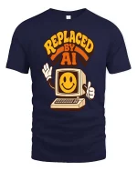 Replaced By AI Retro Computer Humor Graphic T-Shirt Style - navy t-shirt on white background