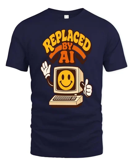 Replaced By AI Retro Computer Humor Graphic T-Shirt Style - navy t-shirt on white background