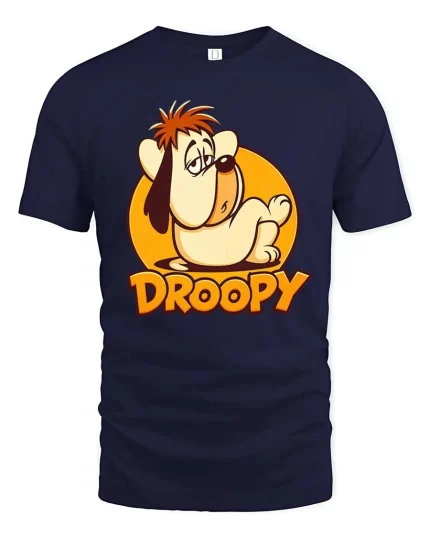 Sleepy Droopy Cartoon Dog Funny Retro Graphic T-Shirt Style - navy t-shirt on white background