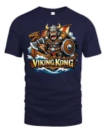 Viking Kong Warrior Norse Myth Retro Graphic T-Shirt Style - navy t-shirt on white background