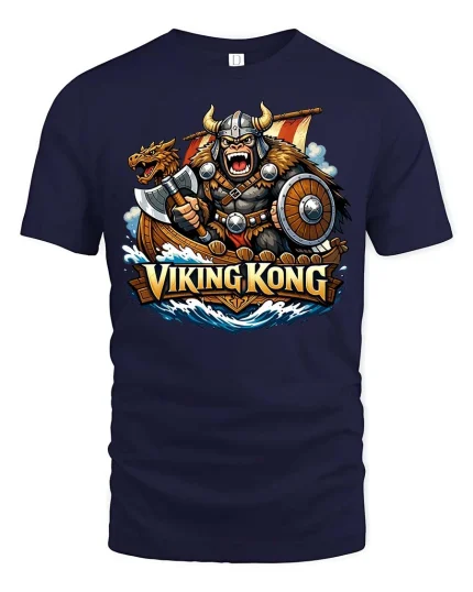 Viking Kong Warrior Norse Myth Retro Graphic T-Shirt Style - navy t-shirt on white background