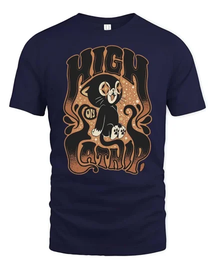 High On Catnip Retro Vintage Cat Funny Graphic T-Shirt - navy t-shirt on white background