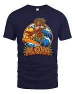 Aloha Surfing Tiki Hawaiian Retro Summer Graphic T-Shirt - navy t-shirt on white background