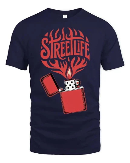 Streetlife Flame Lighter Urban Retro Graphic T-Shirt Style - navy t-shirt on white background