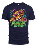 Hawaiian Horror Skull Tropical Neon Graphic Style T-Shirt - navy t-shirt on white background