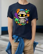 Cute Halloween Mummy Lantern Glow Graphic T-Shirt Costume - model wearing navy tee with hands in pockets