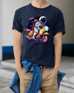Astronaut Riding Scooter Retro Space Adventure Graphic T-Shirt - model wearing navy tee with hands in pockets