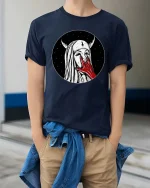 Dark Gothic Nun Horror Aesthetic Graphic T-Shirt Style - model wearing navy tee with hands in pockets