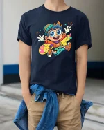 Happy Cartoon Kid Color Splash Fun Graphic T-Shirt Style - model wearing navy tee with hands in pockets
