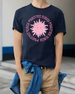Positive Vibes Retro Sun Aesthetic Inspirational Graphic T-Shirt - model wearing navy tee with hands in pockets