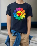 Happy Rainbow Flower Smiley Cute Graphic T-Shirt Style - model wearing navy tee with hands in pockets