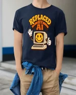 Replaced By AI Retro Computer Humor Graphic T-Shirt Style - model wearing navy tee with hands in pockets