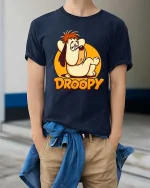 Sleepy Droopy Cartoon Dog Funny Retro Graphic T-Shirt Style - model wearing navy tee with hands in pockets