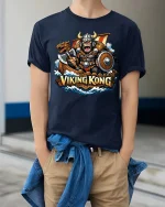 Viking Kong Warrior Norse Myth Retro Graphic T-Shirt Style - model wearing navy tee with hands in pockets