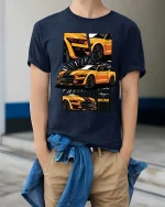 Mustang Sports Car Retro Muscle Graphic Performance T-Shirt - model wearing navy tee with hands in pockets
