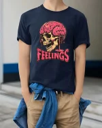 Dark Humor Feelings Skull Brain Drip Graphic T-Shirt Style - model wearing navy tee with hands in pockets