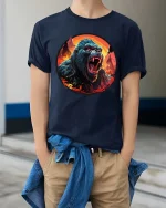 Fierce Gorilla Roar Wild Power Graphic Animal T-Shirt - model wearing navy tee with hands in pockets