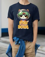 Funny Fish In My Bowl Cute Cat Helmet Graphic T-Shirt - model wearing navy tee with hands in pockets