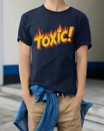 Toxic Flame Retro Warning Graphic Bold Style T-Shirt - model wearing navy tee with hands in pockets