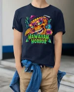 Hawaiian Horror Skull Tropical Neon Graphic Style T-Shirt - model wearing navy tee with hands in pockets