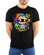 Cute Halloween Mummy Lantern Glow Graphic T-Shirt Costume - model wearing black tee with hands behind back