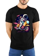 Astronaut Riding Scooter Retro Space Adventure Graphic T-Shirt - model wearing black tee with hands behind back