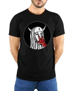 Dark Gothic Nun Horror Aesthetic Graphic T-Shirt Style - model wearing black tee with hands behind back