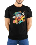 Happy Cartoon Kid Color Splash Fun Graphic T-Shirt Style - model wearing black tee with hands behind back