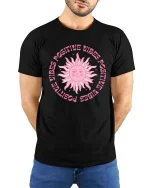 Positive Vibes Retro Sun Aesthetic Inspirational Graphic T-Shirt - model wearing black tee with hands behind back