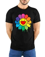 Happy Rainbow Flower Smiley Cute Graphic T-Shirt Style - model wearing black tee with hands behind back