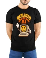 Replaced By AI Retro Computer Humor Graphic T-Shirt Style - model wearing black tee with hands behind back